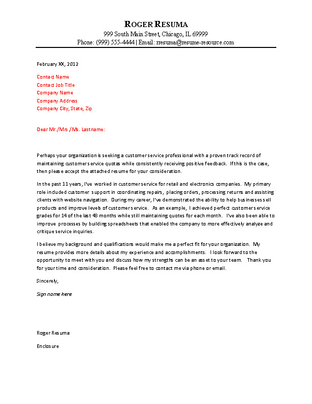 Customer Service Resume Cover Letter