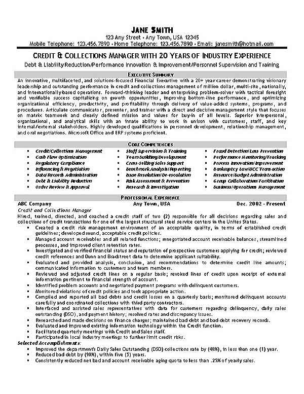 Sample Collections Resume Collections Resume Example