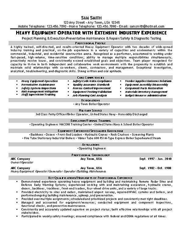Heavy Equipment Resume Equipment Operator Resume Example