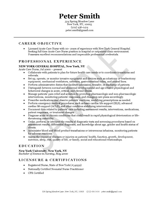 acute care nursing resume example