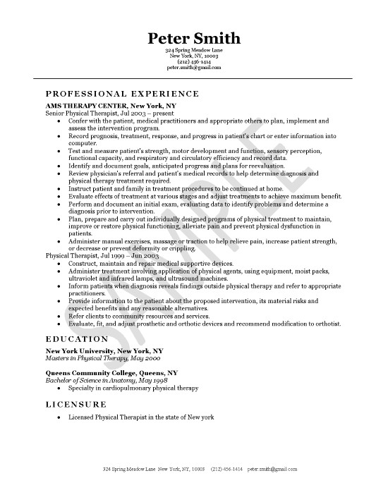 Physical Therapist Resumes Physical Therapist Resume Example