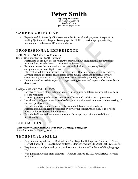 Resume For Qa Internship 