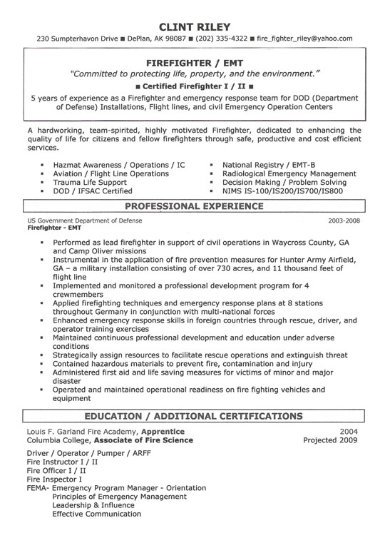 latest resume samples 2011. military to firefighter resume