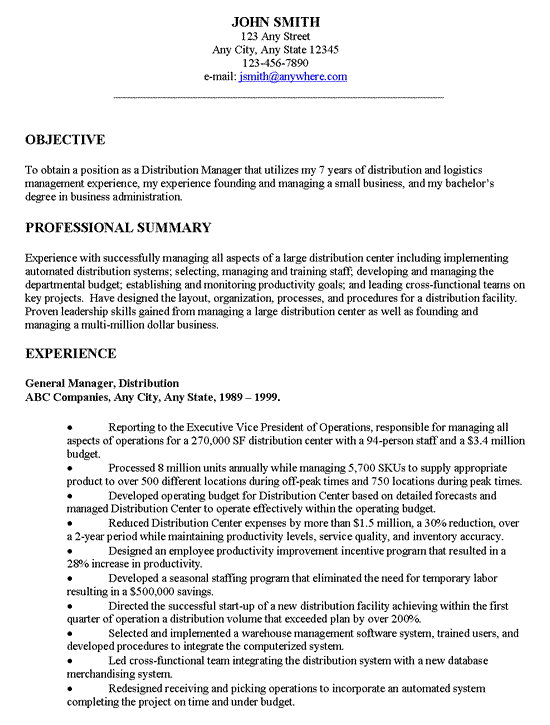 distribution manager executive resume example