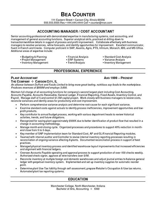 Accounting Resume Examples Cost Accountant Resume Example