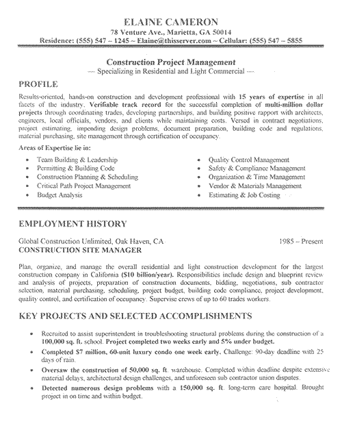 Construction manager project manager resume