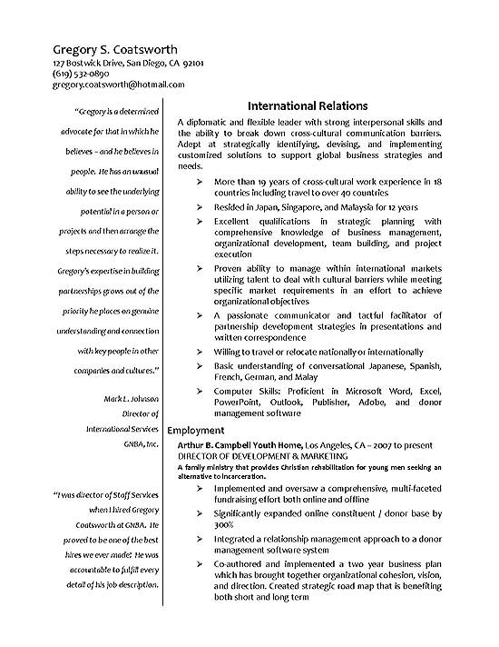 Resume for international business management