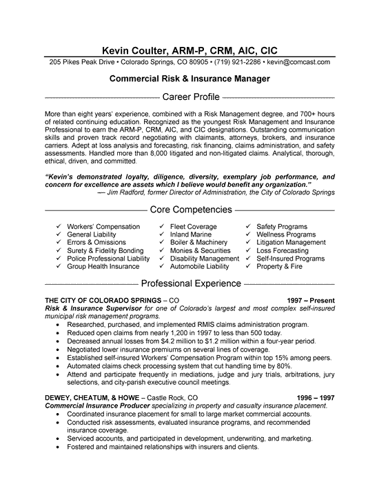 Sample resume for insurance company