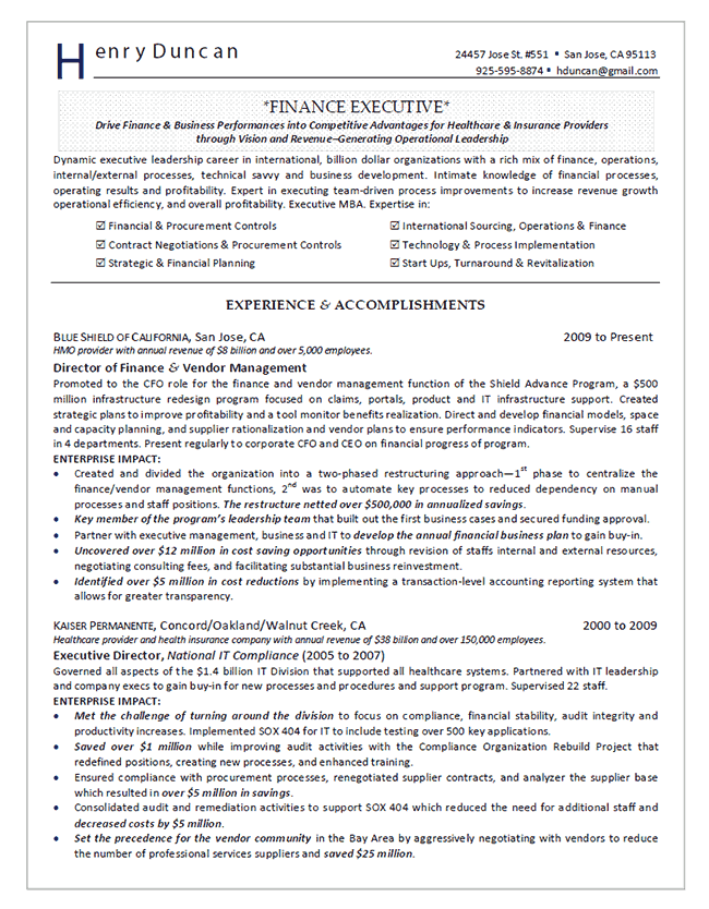 Vp finance sample resume