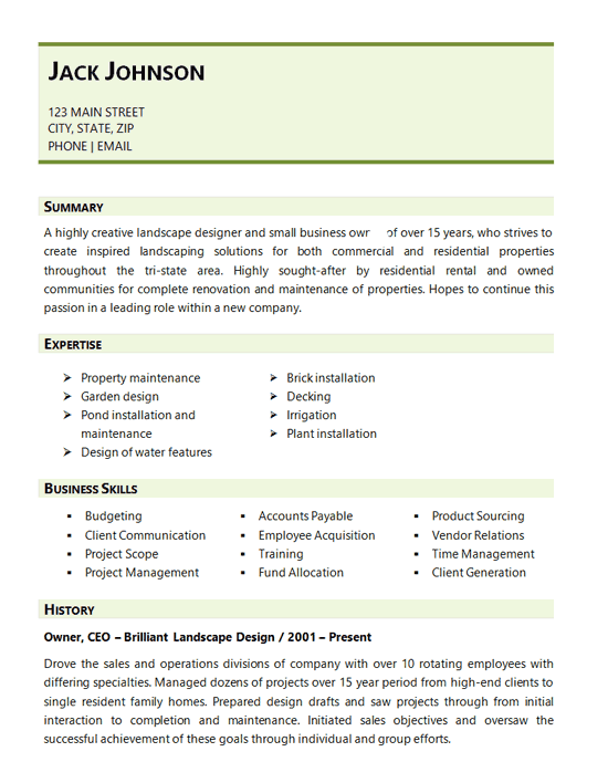 Sample resume for landscape contractor