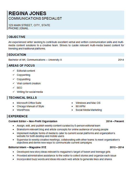 Sample resume web content editor