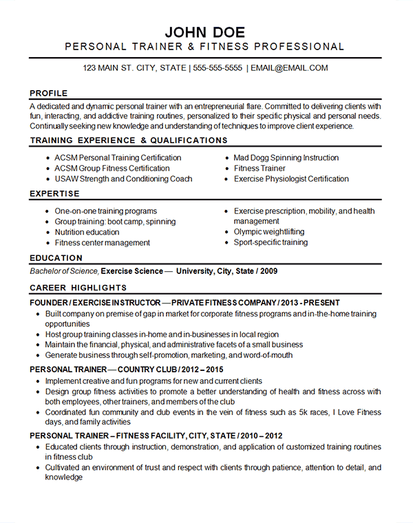 Sports Fitness Resume Example Trainer