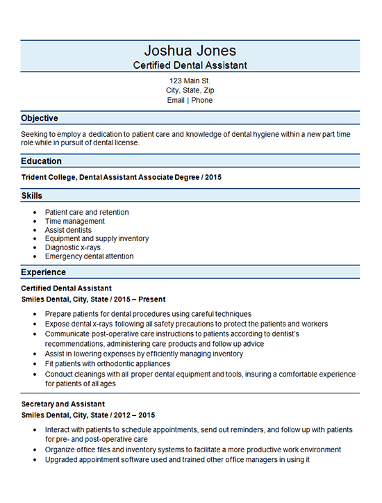 Certified Dental Assistant Resume Example