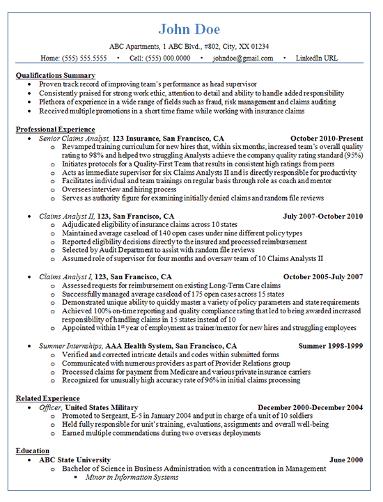 Claims Analyst Resume Example Insurance