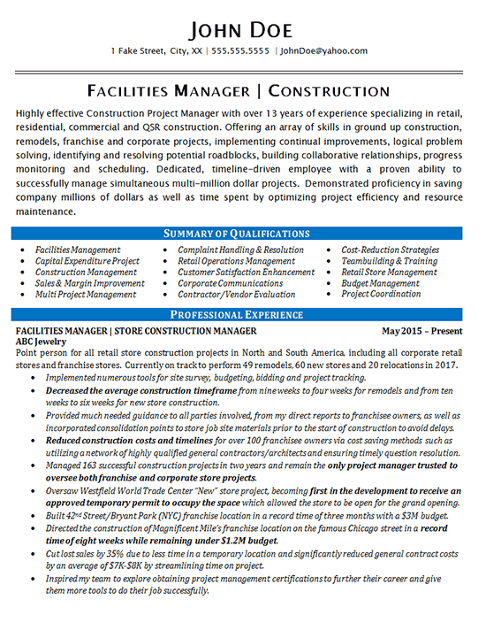 Facilities Manager Resume Example