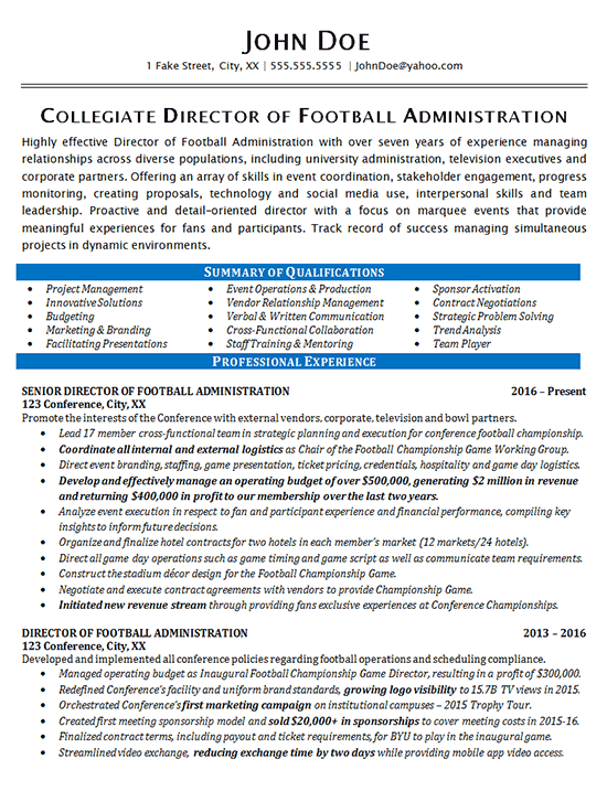 athletic director resume example - football