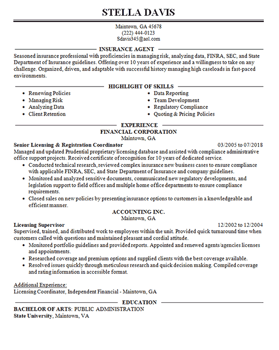Insurance Professional Resume Example - Data Analysis and ...